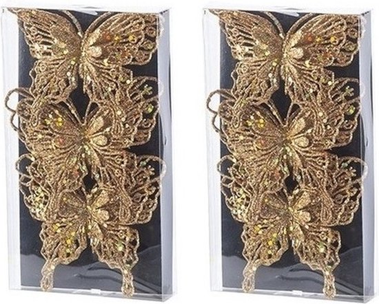 6x Kerst decoratie vlinders goud 12 x 11 cm - Kerstboom versiering/decoratie vlinder op clip