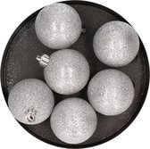 6x Zilveren kunststof kerstballen 8 cm - Glitter - Onbreekbare plastic kerstballen - Kerstboomversiering zilver