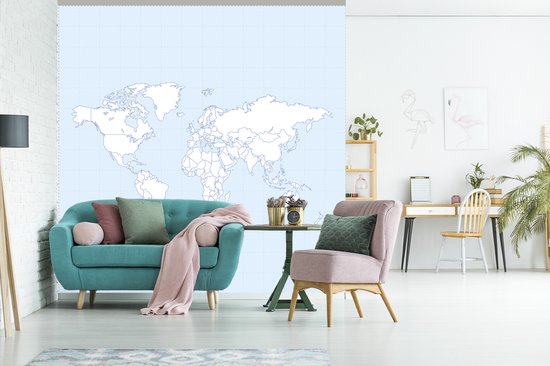 Papier peint photo vinyle - Carte du monde minimaliste sur fond quadrillé bleu | Papier peint Wereldkaart largeur 300 cm x hauteur 300 cm - Tirage photo sur papier peint (disponible en 7 tailles)