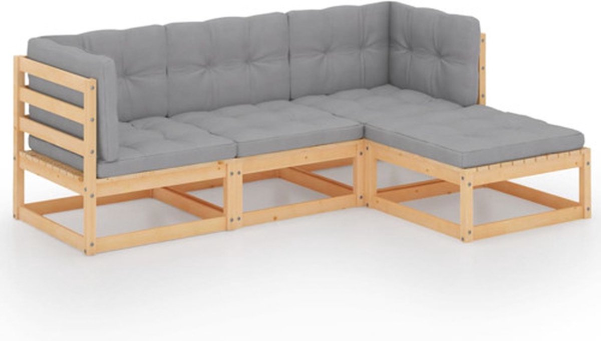 vidaXL 4-delige - Loungeset - met - kussens - massief - grenenhout Naturel