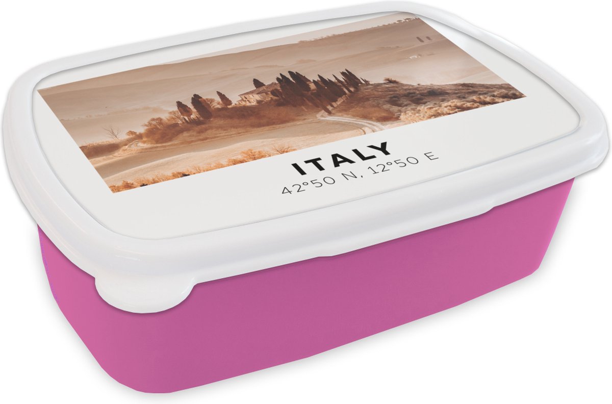 Broodtrommel Roze - Lunchbox - Brooddoos - Italië - Toscane - Bomen - 18x12x6 cm - Kinderen - Meisje