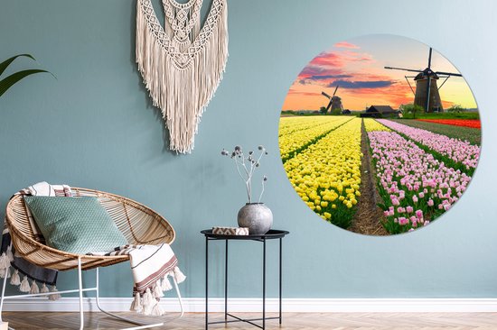 WallCircle - Wall Circle - Wall Circle Indoor - Moulin à Vent - Tulipes - Fleurs - Nederland - 150x150 cm - Décoration murale - Peintures Ronds