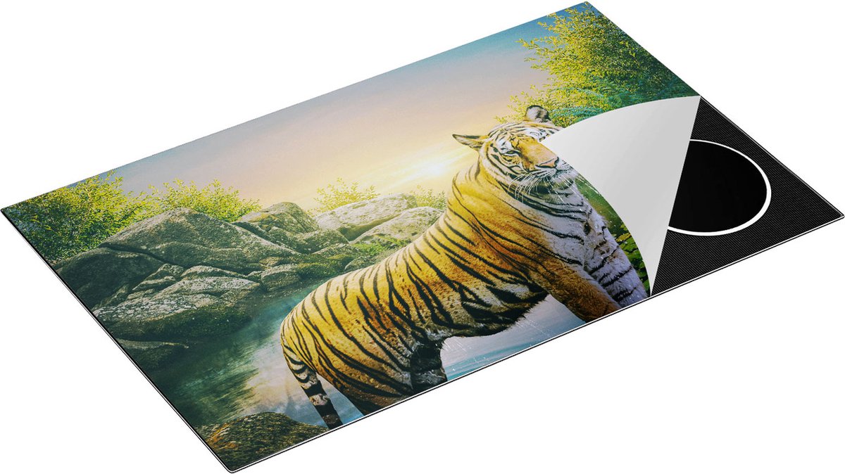 Chefcare Inductie Beschermer Luipaard in een Vijver bij Zonsondergang - 85x55 cm - Afdekplaat Inductie - Kookplaat Beschermer - Inductie Mat