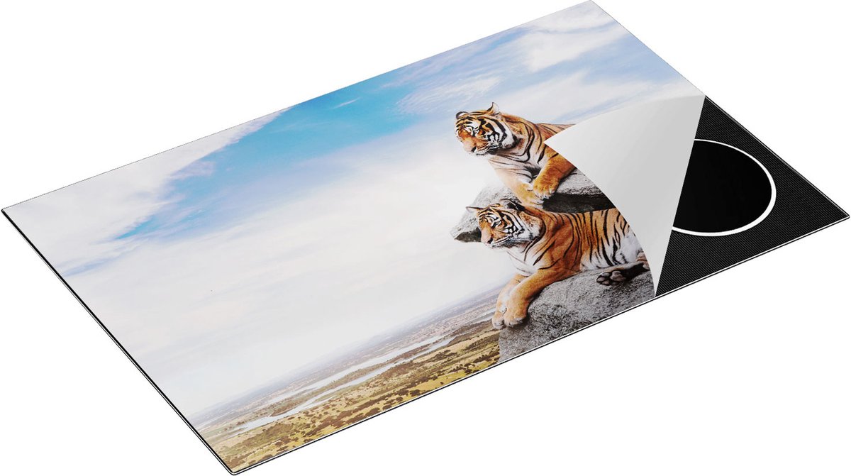 Chefcare Inductie Beschermer Twee Tijgers op Rotsen met het Blauwe Lucht - 85x50 cm - Afdekplaat Inductie - Kookplaat Beschermer - Inductie Mat