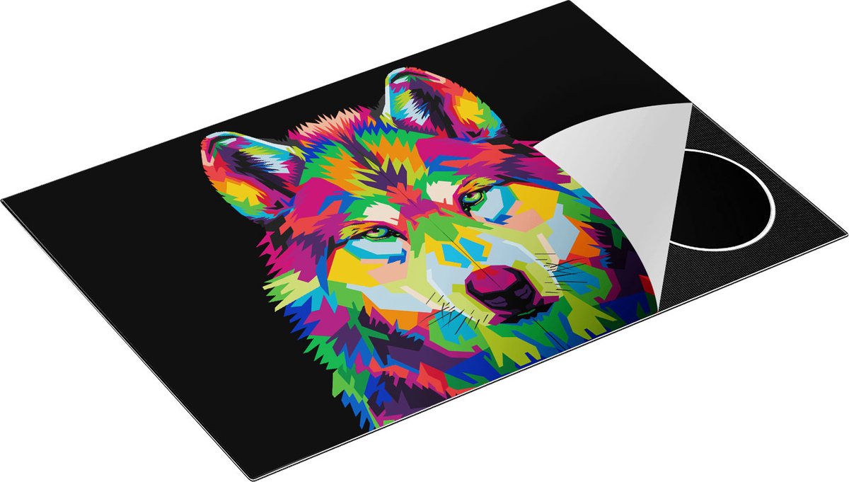 Chefcare Inductie Beschermer Gekleurde Wolvenkop - Wolf - Abstract - 77x51 cm - Afdekplaat Inductie - Kookplaat Beschermer - Inductie Mat