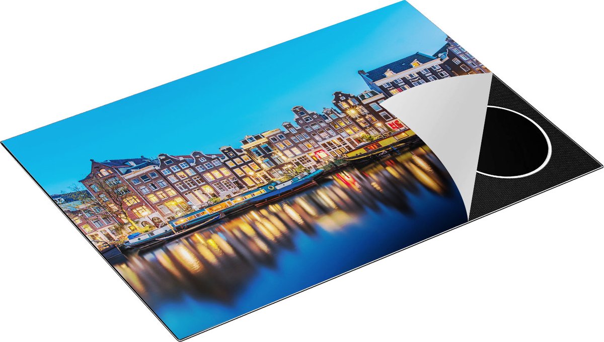 Chefcare Inductie Beschermer Amsterdamse Huisjes in de Avond met Lichten - 75x55 cm - Afdekplaat Inductie - Kookplaat Beschermer - Inductie Mat