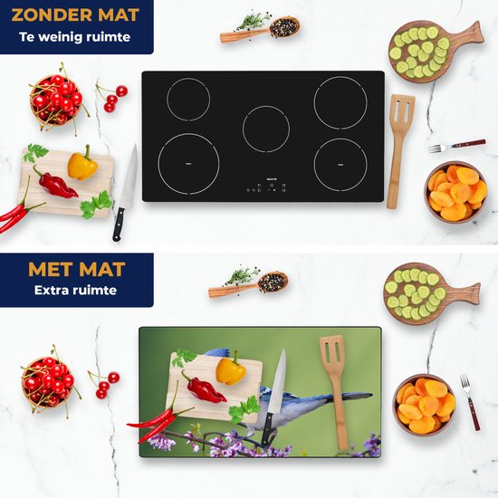 Chefcare Inductie Beschermer Blauwe Gaai Vogel op een Tak - Kleur - 95x55 cm - Afdekplaat Inductie - Kookplaat Beschermer - Inductie Mat