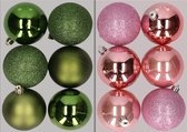12x stuks kunststof kerstballen mix van appelgroen en roze 8 cm - Kerstversiering