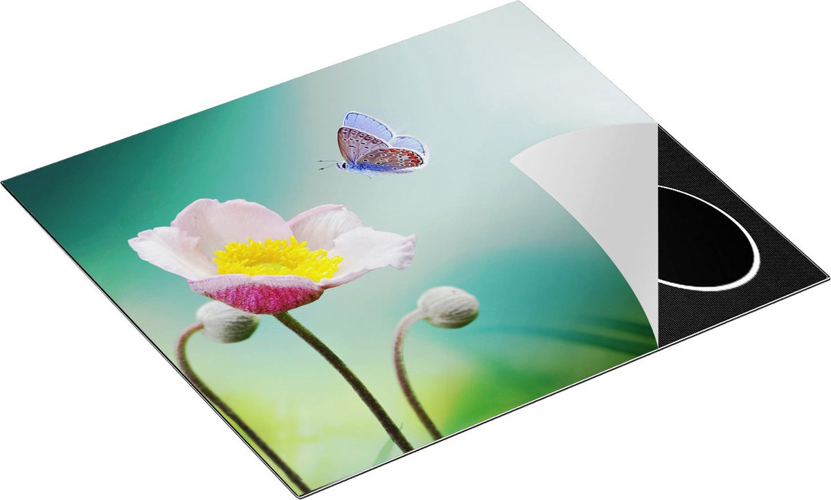 Chefcare Inductie Beschermer Roze Anemoon Bloem met een Blauwe Vlinder - 59x52 cm - Afdekplaat Inductie - Kookplaat Beschermer - Inductie Mat
