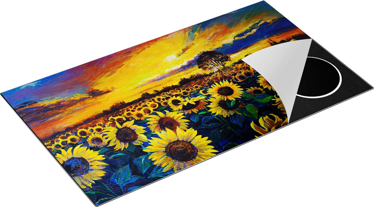 Chefcare Inductie Beschermer Getekende Zonnebloemen Veld met Olieverf - 91,6x52,7 cm - Afdekplaat Inductie - Kookplaat Beschermer - Inductie Mat