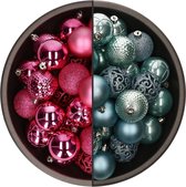 Bellatio Decorations Kerstballen mix - 74-delig - ijsblauw en fuchsia - 6 cm - kunststof