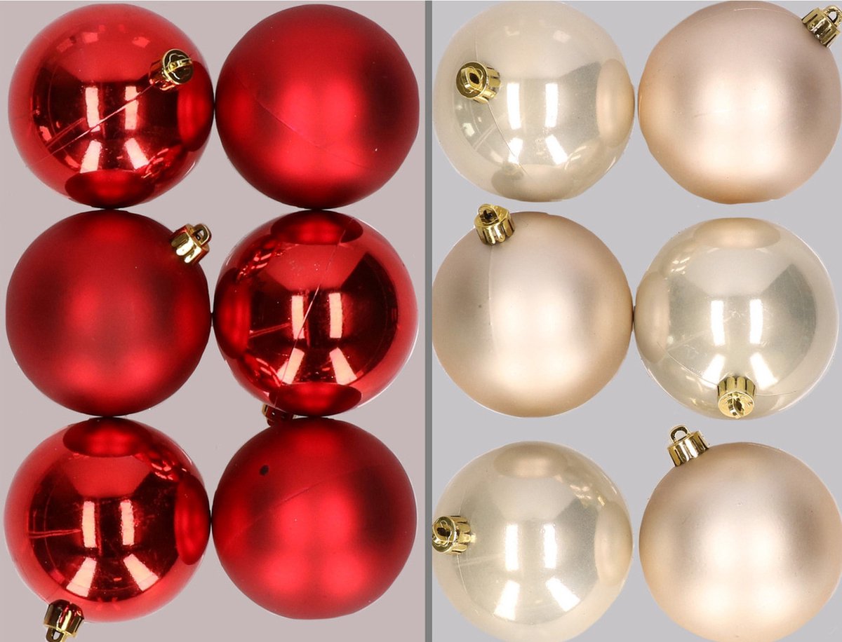 Set van 12 rode en champagnekleurige kunststof kerstballen van 8 cm, merkloos - Kerstversiering.