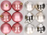 12x stuks kunststof kerstballen mix van oudroze en zilver 8 cm - Kerstversiering