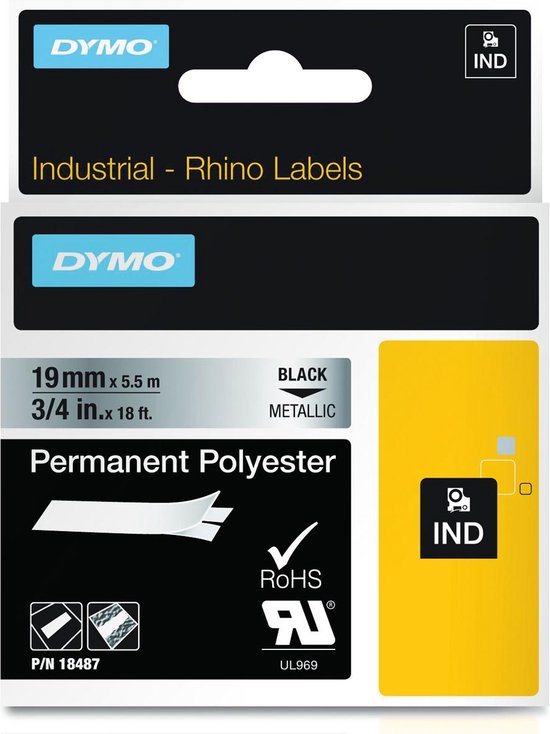DYMO Rhino industriële labels | Permanent Polyester | 19 mm x 3,5 m | zwarte afdruk op metallic | zelfklevende labels voor Rhino & LabelManager labelprinters