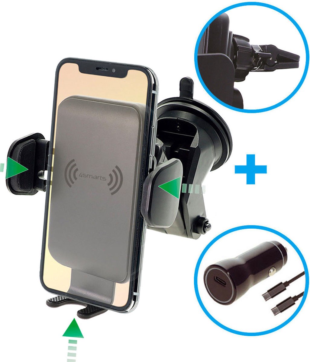 4smarts VoltBeam Touch 2 Raam/Dashboard/Ventilatierooster Telefoonhouder Auto met Draadloos Opladen 10W