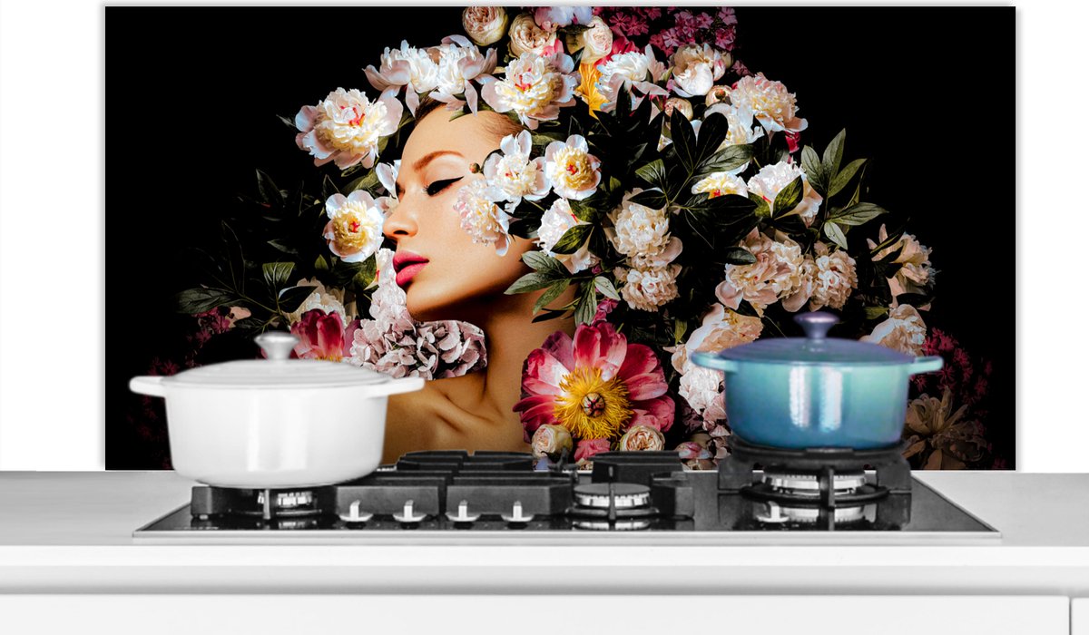 Spatscherm keuken 120x60 cm - Kookplaat achterwand Vrouwen - Bloemen - Rozen - Portret - Muurbeschermer - Spatwand fornuis - Hoogwaardig aluminium