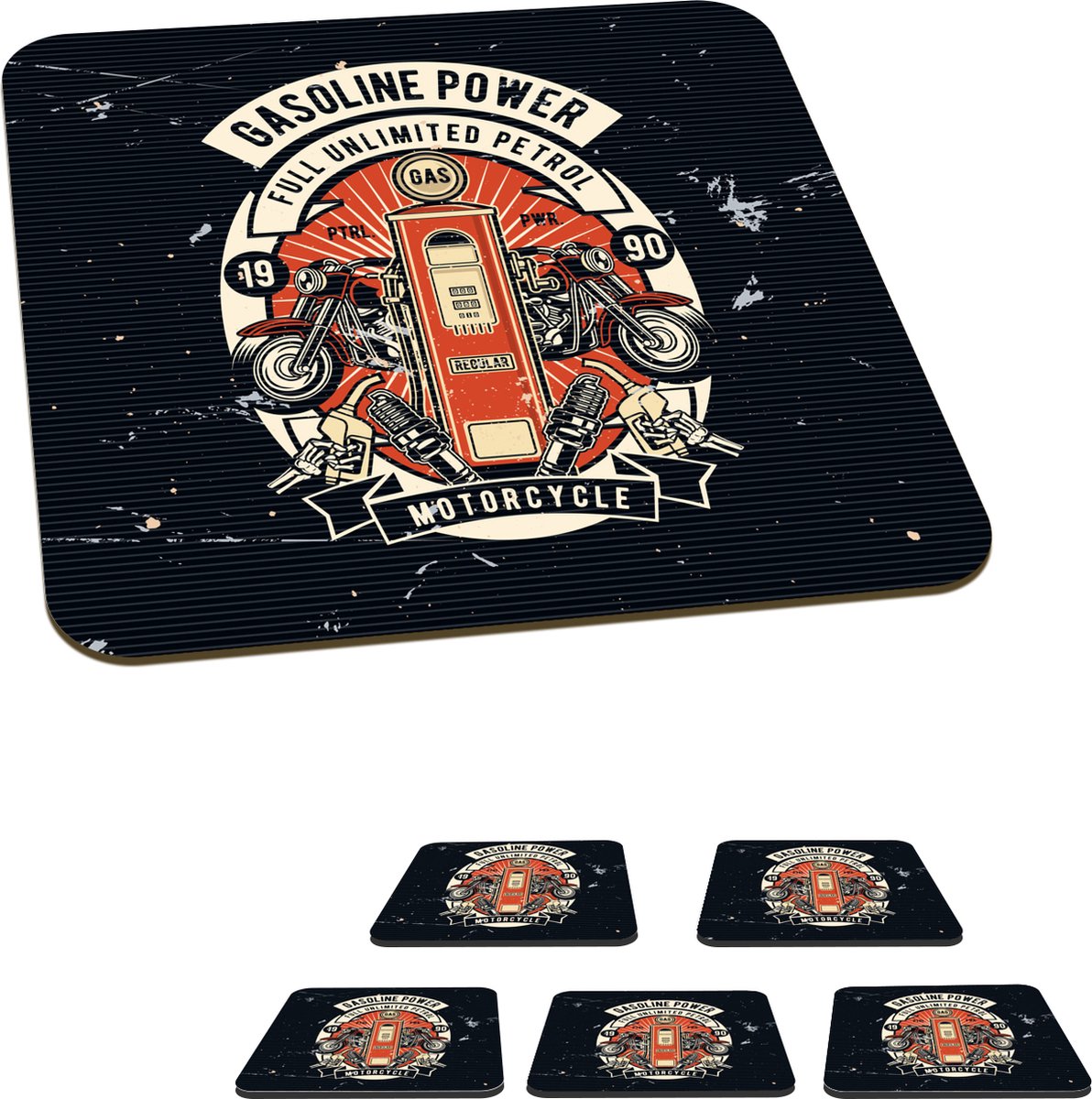 Onderzetters voor glazen - Mancave - Motor - Pomp - Retro - 10x10 cm - Glasonderzetters - 6 stuks