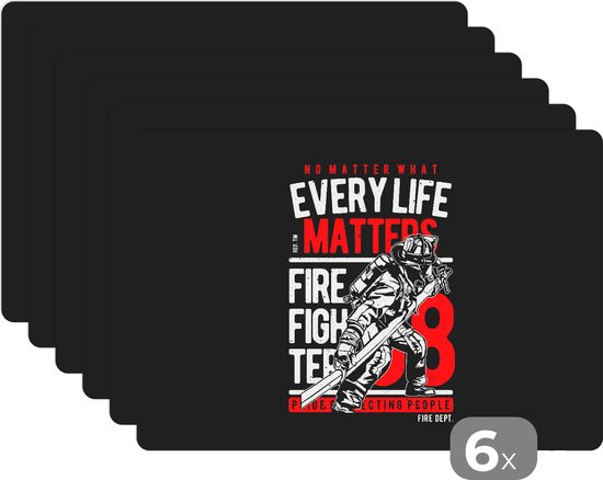 Set de table - Mancave - Pompiers - Vintage - Rouge - Zwart - 45x30 cm - 6 pièces - Résistant à la chaleur - Antidérapant - Coussinet - Amovible