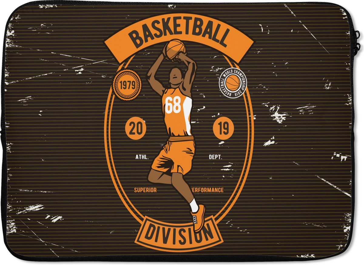 Laptophoes 14 inch - Mancave - Basketbal - Retro - Oranje - Zwart - Laptop sleeve - Binnenmaat 33x23 cm - Zwarte achterkant