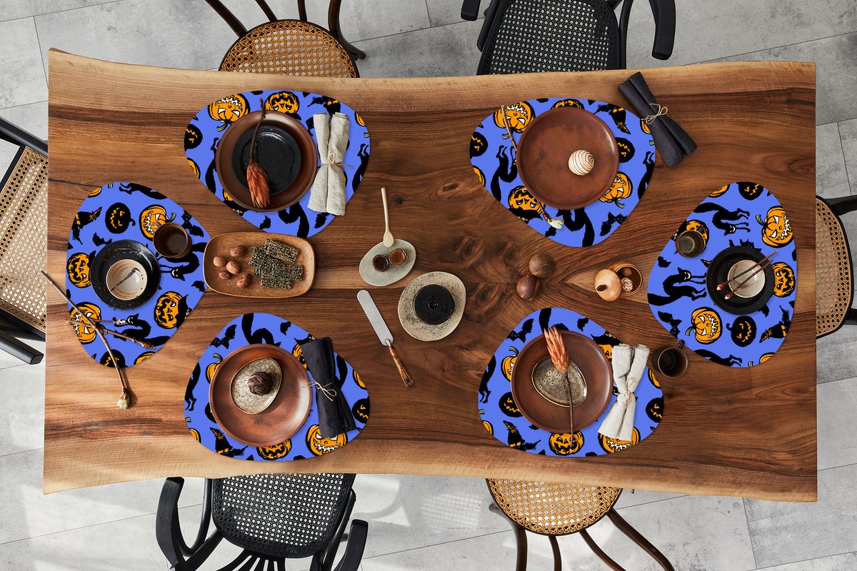 Placemat organisch - Placemats organic - Onderleggers - Halloween - Kat - Heks - 6 stuks