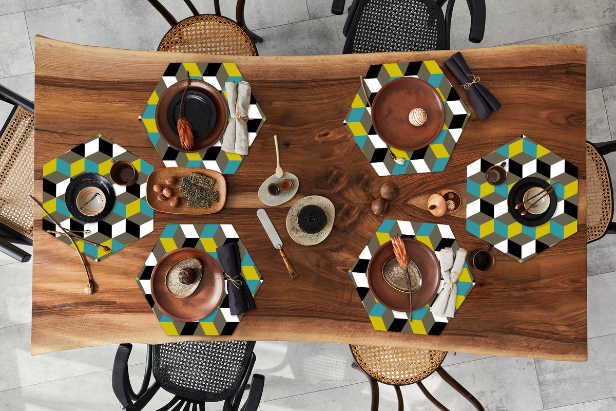 Placemats hexagon - Onderleggers placemats - Placemat zeshoek - Blokken - Patronen - 3D - 6 stuks