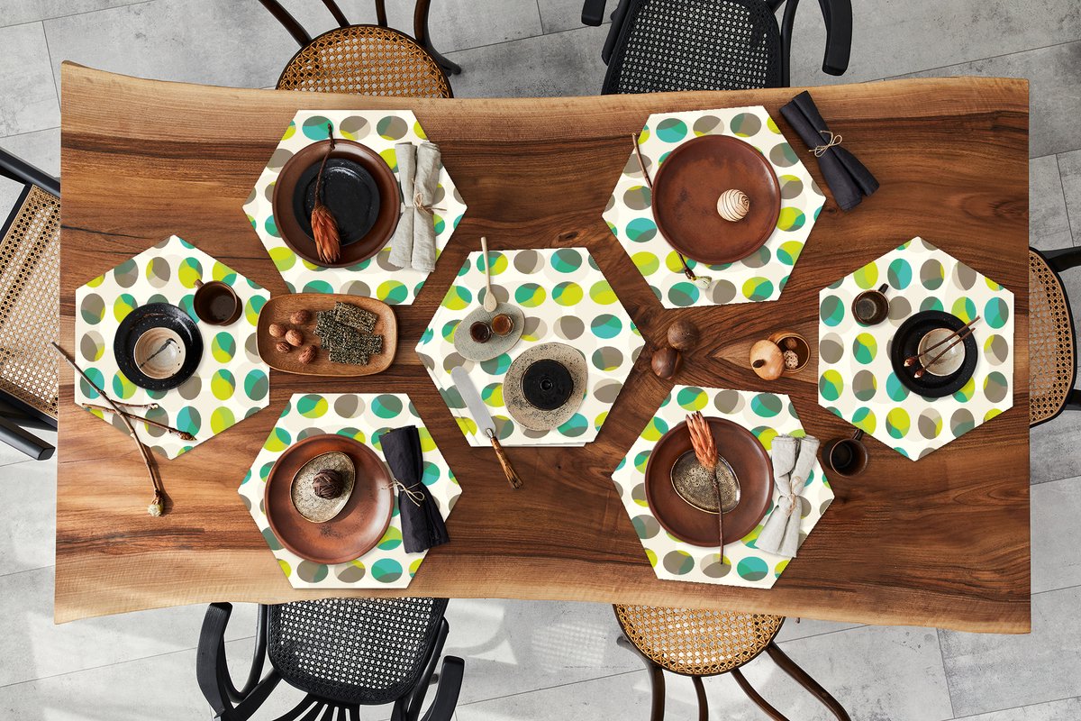 Placemats hexagon - Onderleggers placemats - Placemat zeshoek - Cirkel - Groen - Patroon - 8 stuks