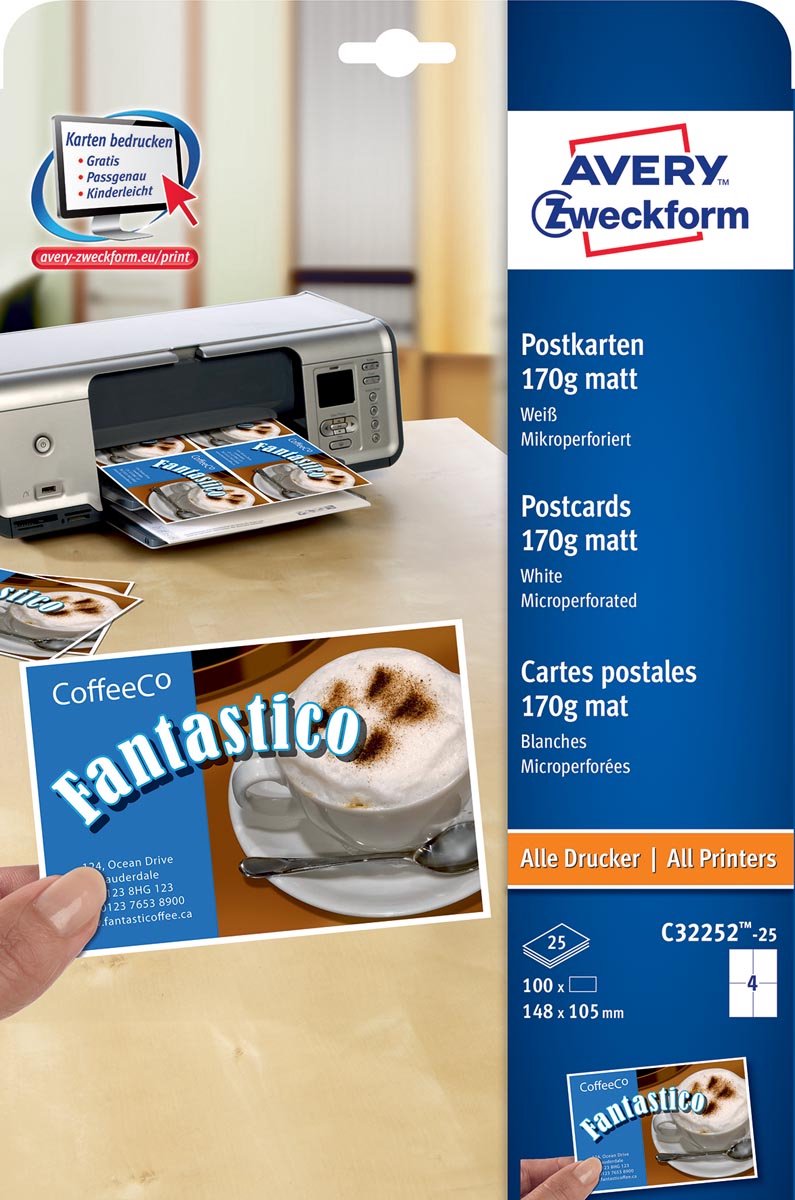 Avery briefkaart, 170 g/m², 4 per blad, 100 stuks 5 stuks