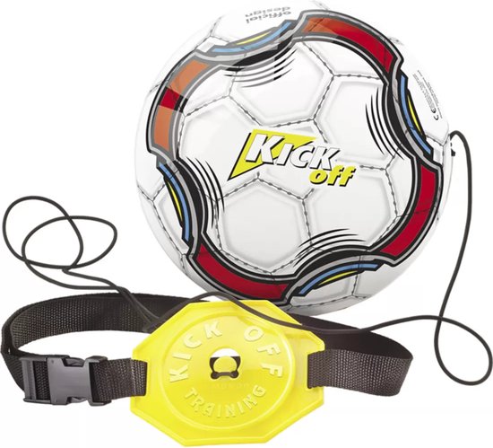 Witte voetbal met rode, blauwe en gele randen en 'Kick Off'-logo. Gele trainingsband met 'Kick Off Training'.