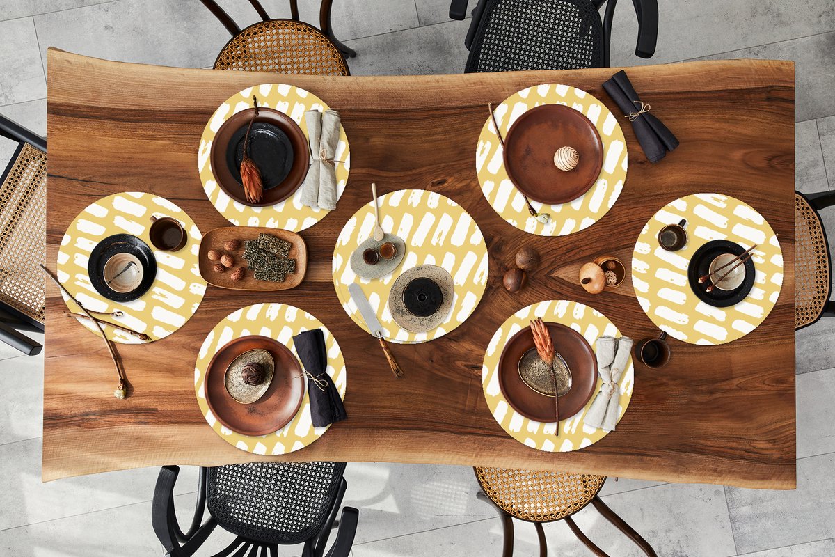 Ronde placemats - Onderlegger - Placemats rond - Geel - Design - Wit - 8 stuks