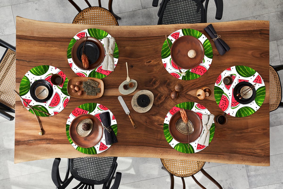 Ronde placemats - Onderlegger - Placemats rond - Patroon - Watermeloen - Pit - Fruit - 6 stuks