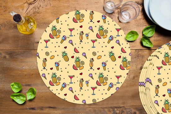 Sets de table ronds - Dessous de verre - Napperons ronds - Été - Fruits - Cocktails - Motifs - 10 pièces