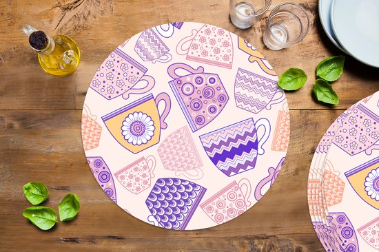 Sets de table ronds - Dessous de verre - Sets de Napperons ronds - Motifs - Tasses à thé - Thee - 8 pièces
