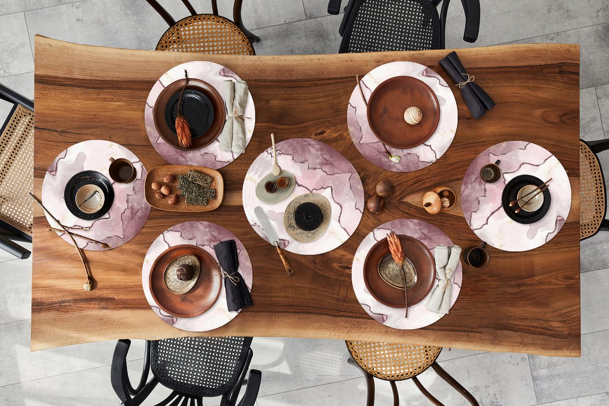 Ronde placemats - Onderlegger - Placemats rond - Marmer print - Geel - Lijn - 10 stuks