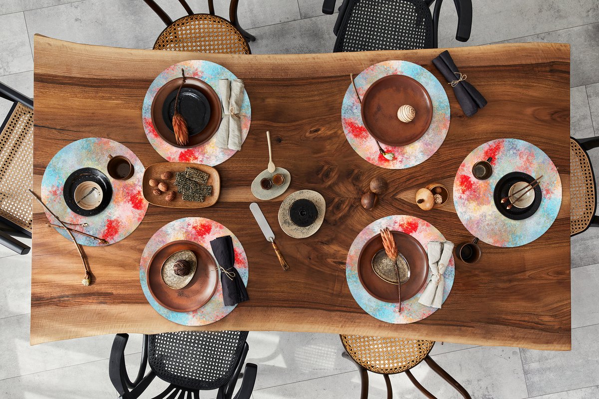 Ronde placemats - Onderlegger - Placemats rond - Blauw - Rood - Verf - Patroon - 6 stuks