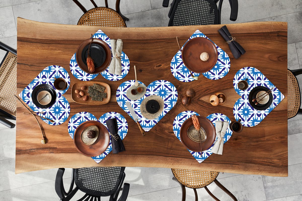 Onderleggers - Placemats - Placemats hartje - Vector - Blauw - Tegels - Patronen - 8 stuks