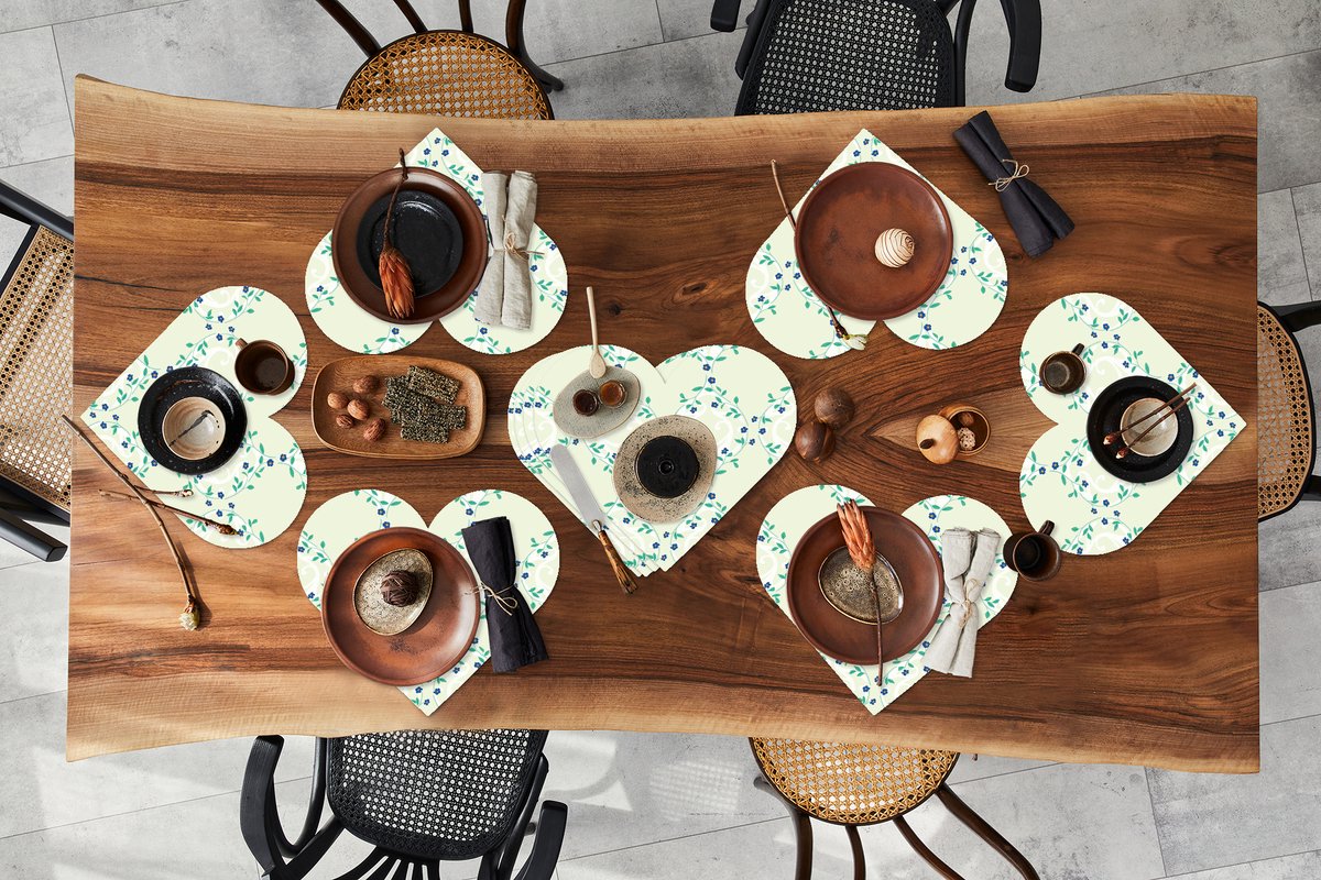 Onderleggers - Placemats - Placemats hartje - Groen - Blauw - Bloem - Design - 10 stuks