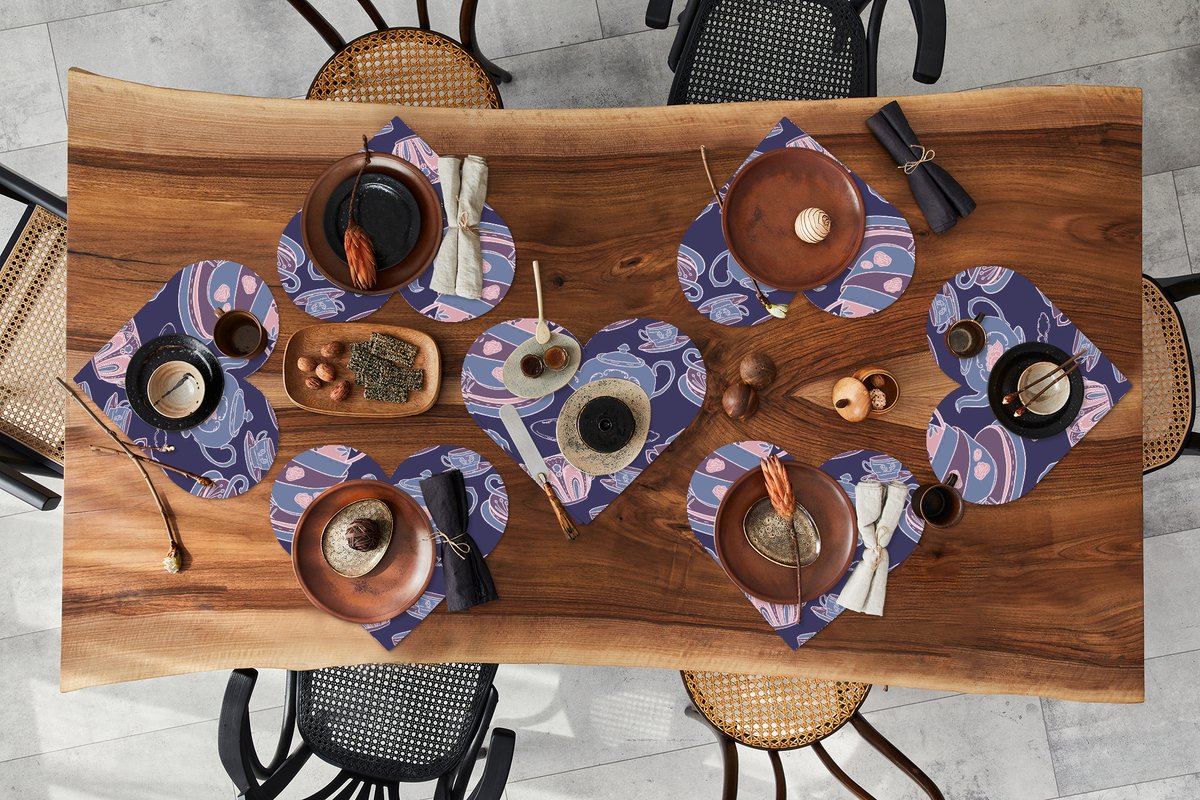 Onderleggers - Placemats - Placemats hartje - Patroon - Thee - Kop - Theepot - 8 stuks