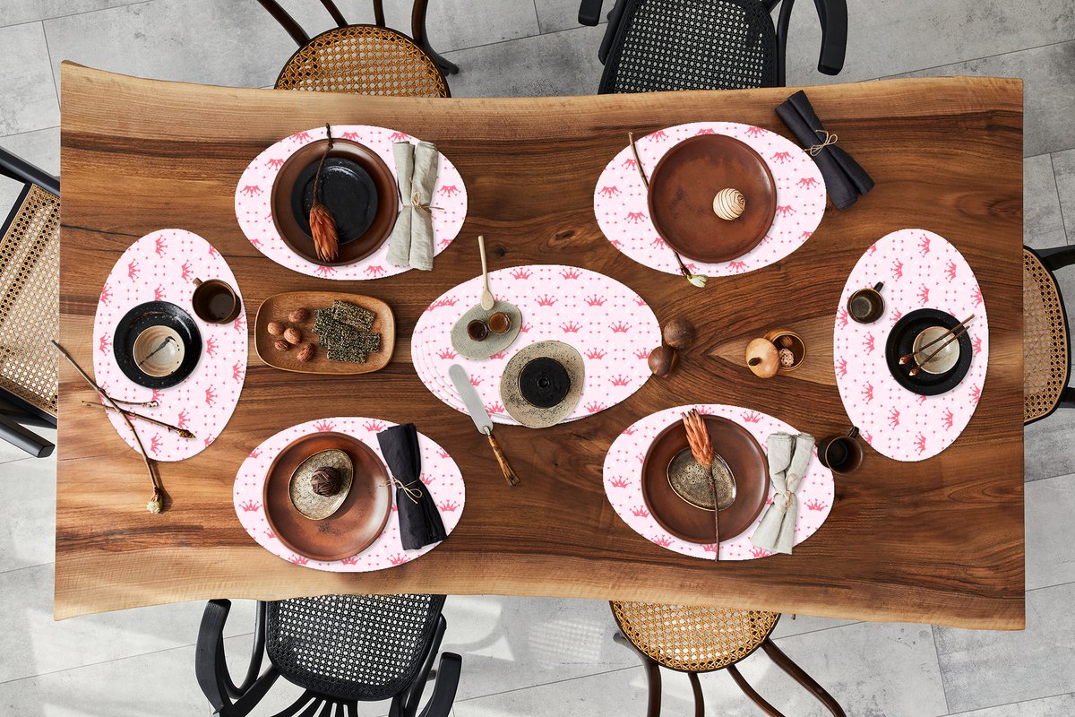 Placemats ovaal - Onderleggers - Ovale placemats - Kroon - Patroon - Roze - 10 stuks