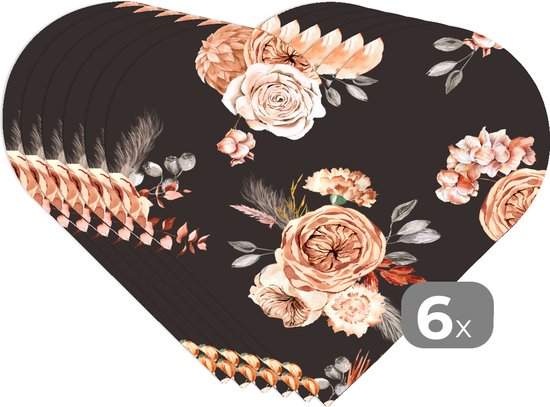 Sous-verres - Napperons de table - Napperons de table coeur - Motifs - Roses - Zwart - 6 pièces