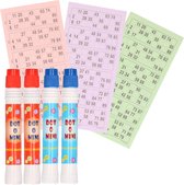 4x Bingostiften/markeerstiften - 2x stuks in de kleuren blauw/rood met 100x papieren bingokaarten van 1-90