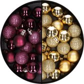 40x stuks kleine kunststof kerstballen aubergine paars en goud 3 cm - Voor kleine kerstbomen