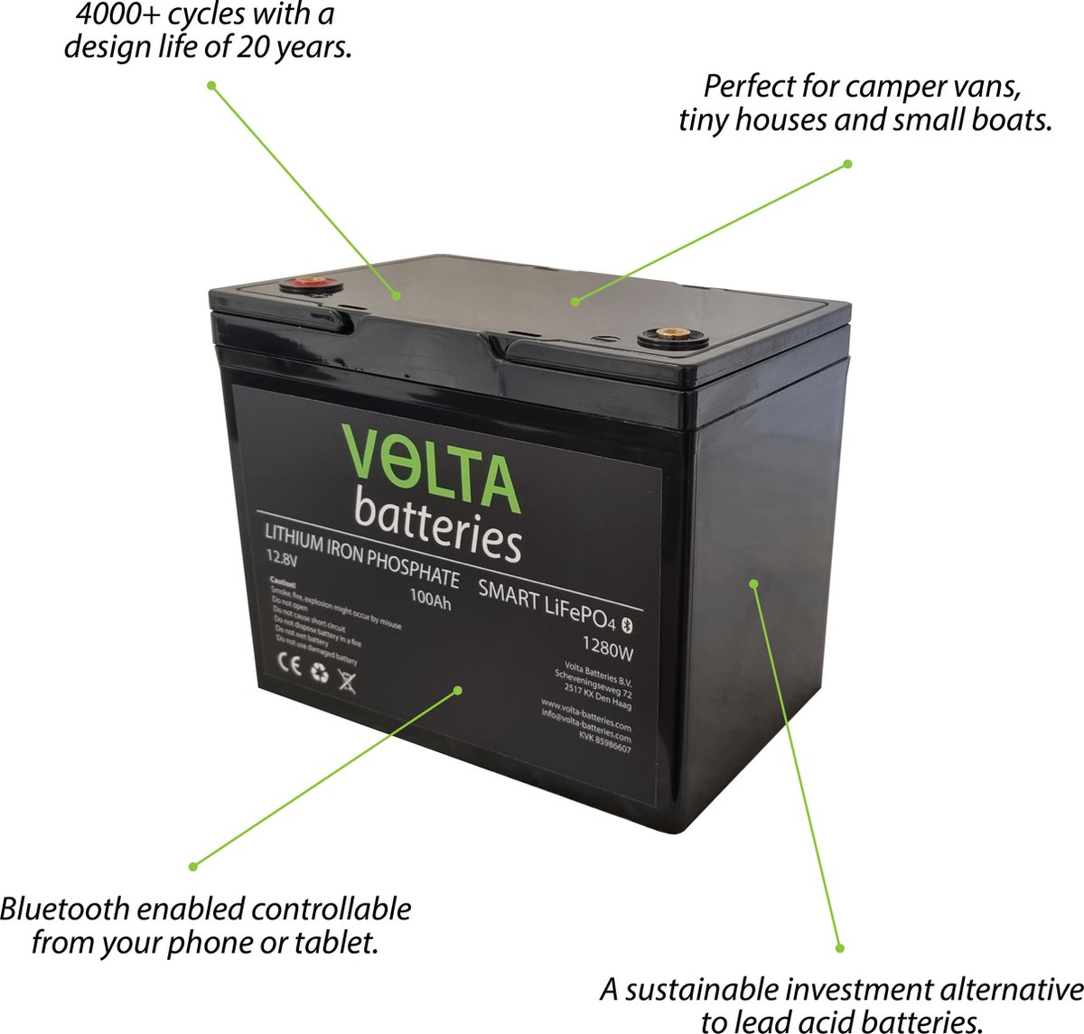 Batteries Volta V100 - Smart LiFePO4 - 12,8 V - 100Ah - 1280Wh - pour  panneaux