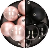 12x stuks kunststof kerstballen 8 cm mix van lichtroze en zwart - Kerstversiering