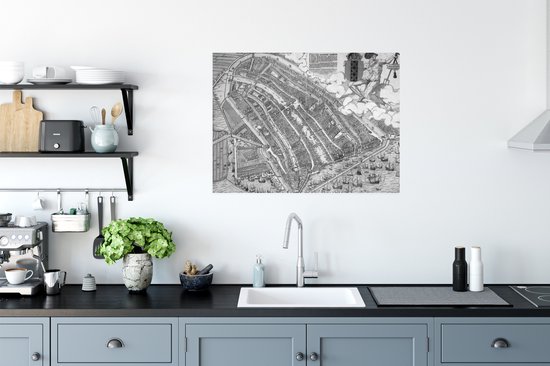 Poster Plan de la ville historique d' Amsterdam en noir et blanc - Carte 80x60 cm - Tirage photo sur Poster (décoration murale salon / chambre) / Poster villes européennes