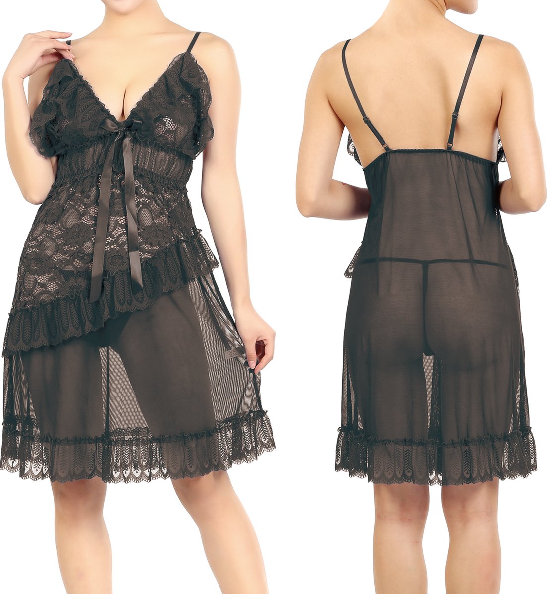 Goedkoopste Babydoll sexy bijpassende string polyester one size zwart