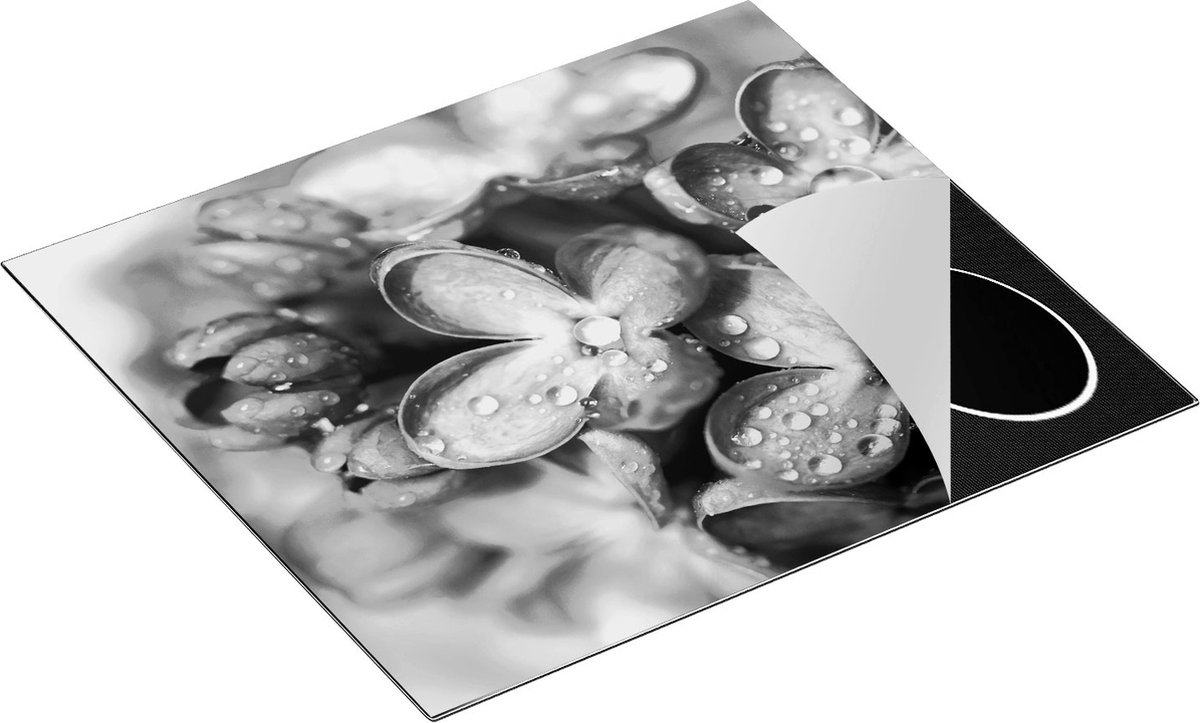 Chefcare Inductie Beschermer Blauwe Lila Bloemen - Seringen - Zwart Wit - 60x50 cm - Afdekplaat Inductie - Kookplaat Beschermer - Inductie Mat