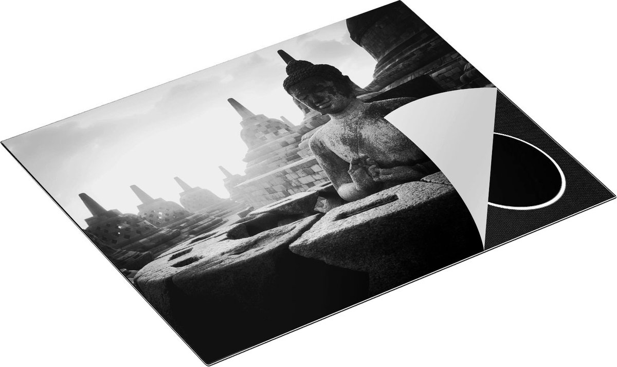 Chefcare Inductie Beschermer Boeddha Beeld in een Tempel - Zwart Wit - 65x50 cm - Afdekplaat Inductie - Kookplaat Beschermer - Inductie Mat
