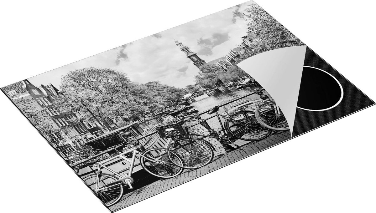Chefcare Inductie Beschermer Amsterdamse Brug bij een Brug met Fietsen - Zwart Wit - 77x51 cm - Afdekplaat Inductie - Kookplaat Beschermer - Inductie Mat