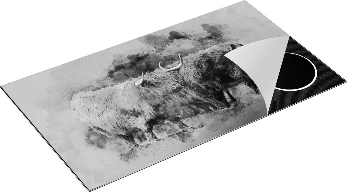 Chefcare Inductie Beschermer Twee Schotse Hooglander Koeien - Abstract - Zwart Wit - 91,2x52 cm - Afdekplaat Inductie - Kookplaat Beschermer - Inductie Mat