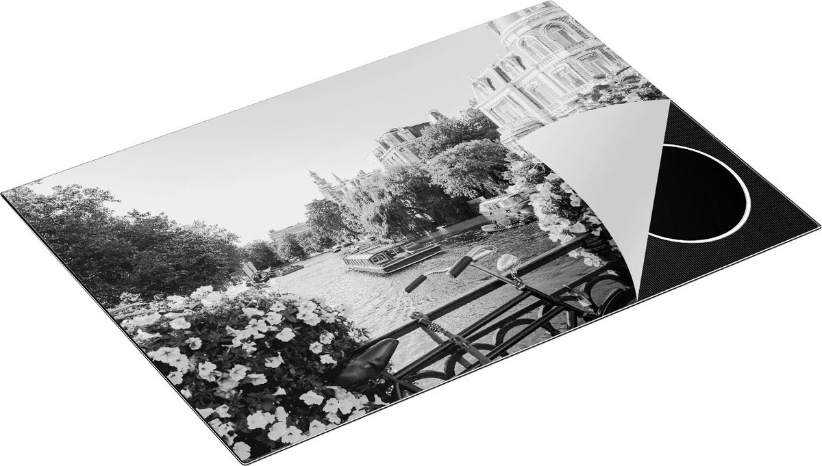 Chefcare Inductie Beschermer Amsterdamse Kanaal met Bloemen - Zwart Wit - 75x52 cm - Afdekplaat Inductie - Kookplaat Beschermer - Inductie Mat